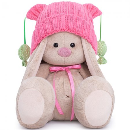 Мягкая игрушка "Зайка Ми в розовой шапочке с помпонами", 18 см