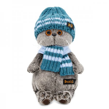 Мягкая игрушка "Басик" в голубой вязаной шапке и шарфе, 30 см