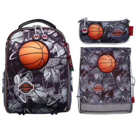 Рюкзак каркасный Across 490 39*29*17 наполн:мешок,пенал,брел, мал "Баскетбол" (Черный/Серый/Оранжевый/ )