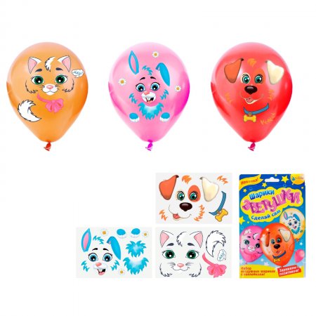Воздушные шары с наклейками "Веселые животные"заяц, кошка, собака (набор 3 шт)+