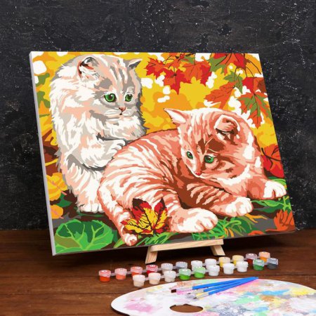Картина по номерам на холсте с подрамником "Котята в листве" 40*50 см